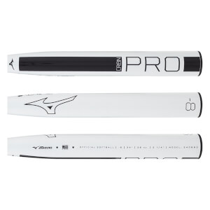 Multiple views of a white fastpitch softball bat with black CRBN PRO text, Mizuno logo, and specifications.