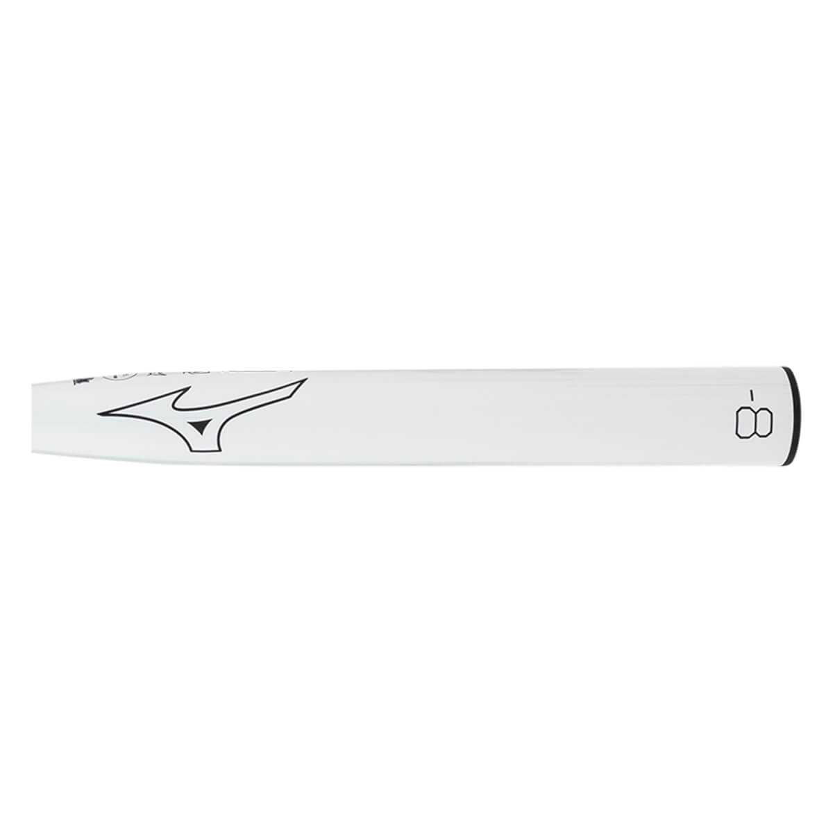 Side view of a white fastpitch softball bat with a black Mizuno logo and -8 weight drop marking.