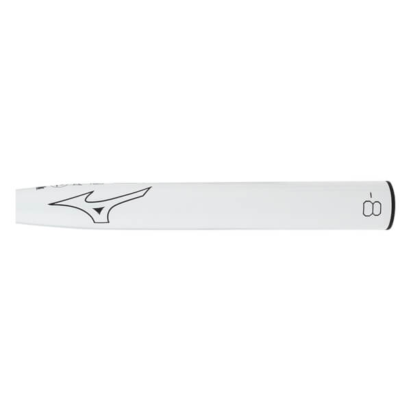 Side view of a white fastpitch softball bat with a black Mizuno logo and -8 weight drop marking.