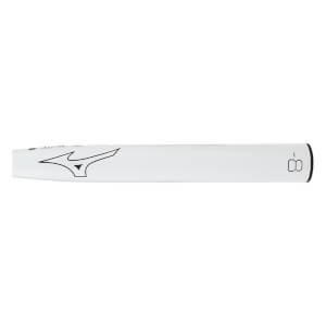 Side view of a white fastpitch softball bat with a black Mizuno logo and -8 weight drop marking.