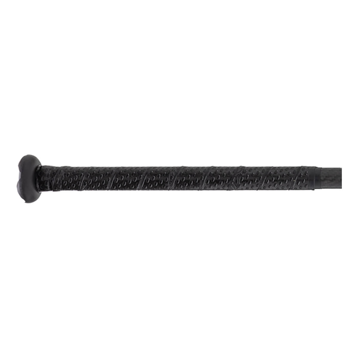 Side view of a black fastpitch softball bat handle with a textured, perforated grip and a rounded knob.