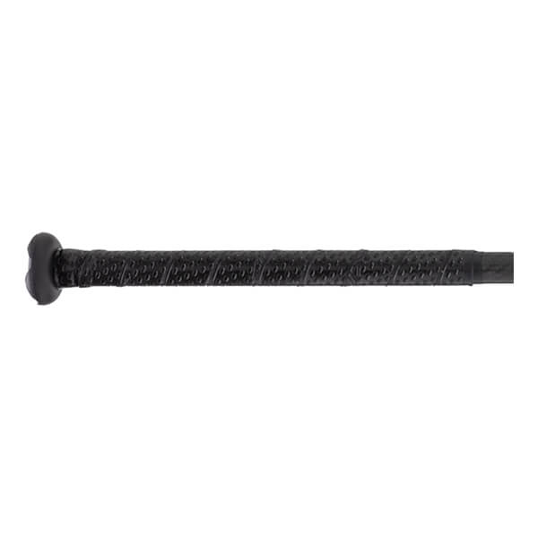 Side view of a black fastpitch softball bat handle with a textured, perforated grip and a rounded knob.