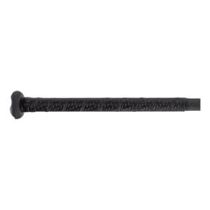 Side view of a black fastpitch softball bat handle with a textured, perforated grip and a rounded knob.