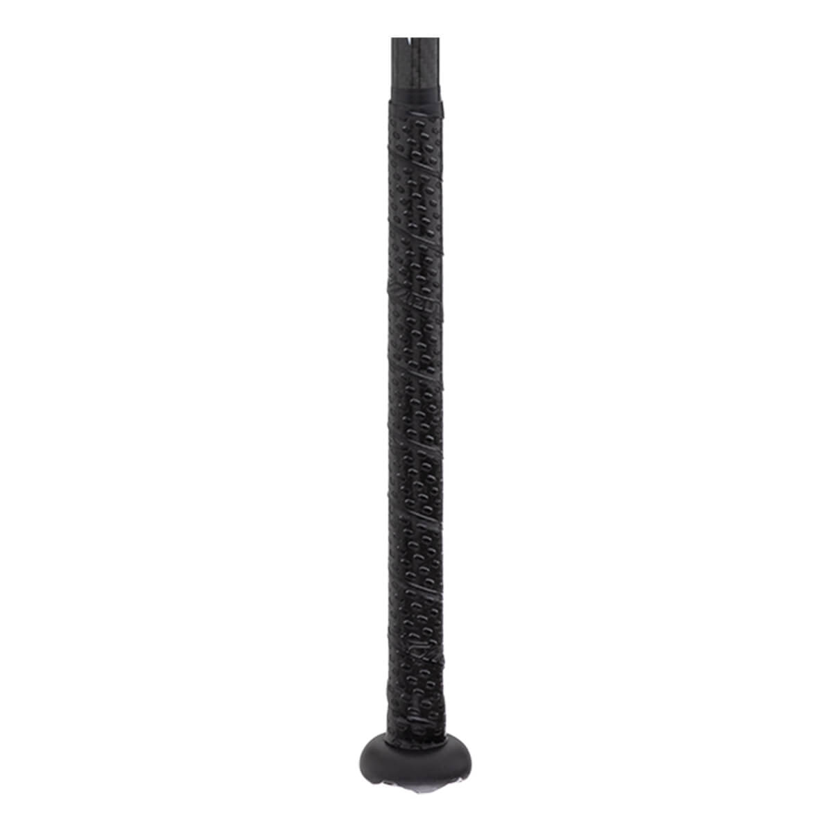 Close-up of a black softball bat handle with a textured, spirally wrapped grip and a black knob.