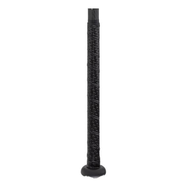 Close-up of a black softball bat handle with a textured, spirally wrapped grip and a black knob.