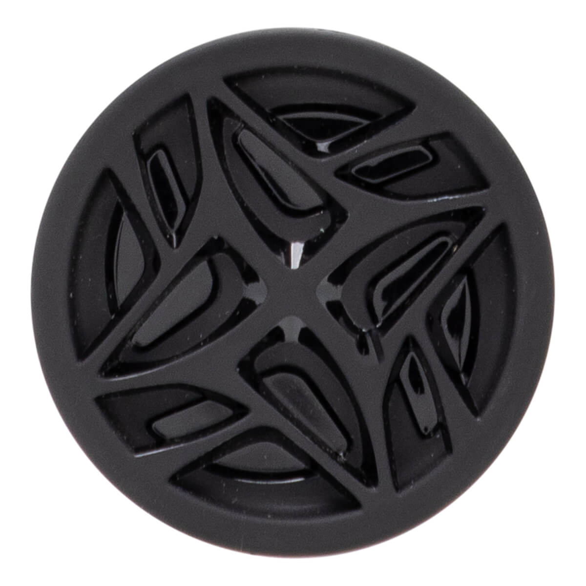 Close-up of a black bat end cap with a glossy, raised, intricate pattern and a matte outer rim.