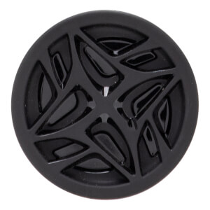 Close-up of a black bat end cap with a glossy, raised, intricate pattern and a matte outer rim.