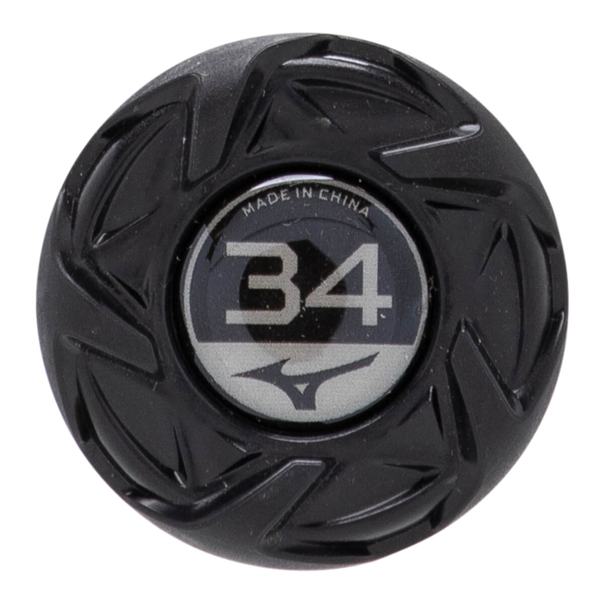Close-up of a black fastpitch softball bat end cap with a textured design, showing 34 and the Mizuno logo.