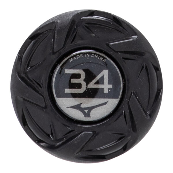 Close-up of a black fastpitch softball bat end cap with a textured design, showing 34 and the Mizuno logo.