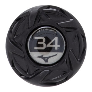 Close-up of a black fastpitch softball bat end cap with a textured design, showing 34 and the Mizuno logo.