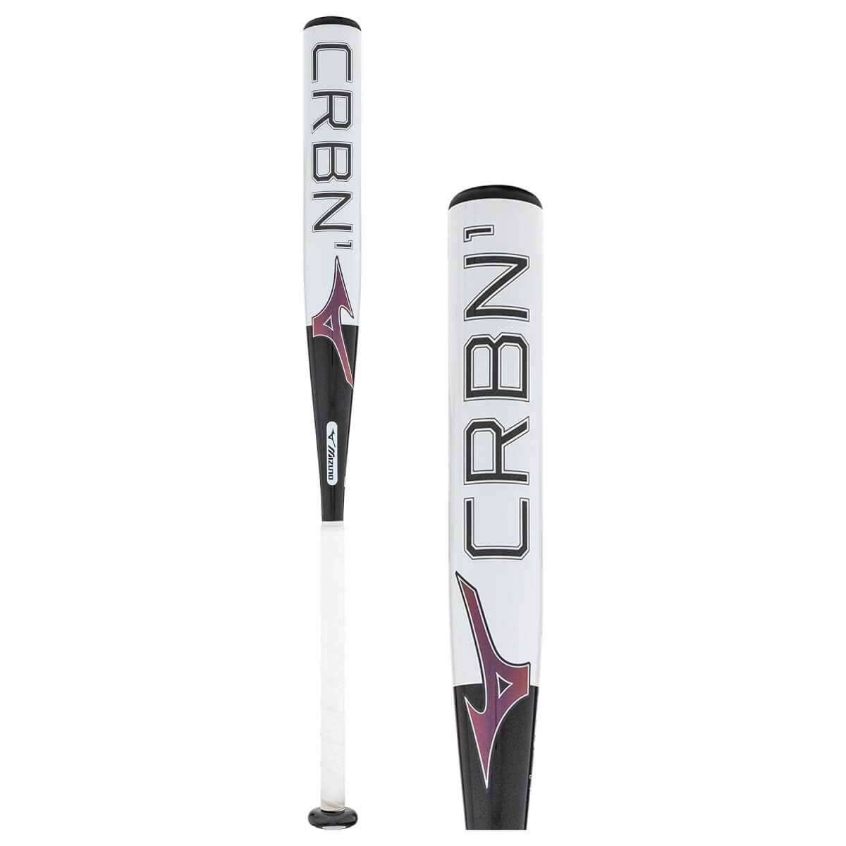 Side-by-side views of a white and black fastpitch softball bat, showing full length and a close-up of the CRBN1 barrel.