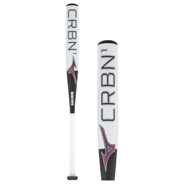 Side-by-side views of a white and black fastpitch softball bat, showing full length and a close-up of the CRBN1 barrel.