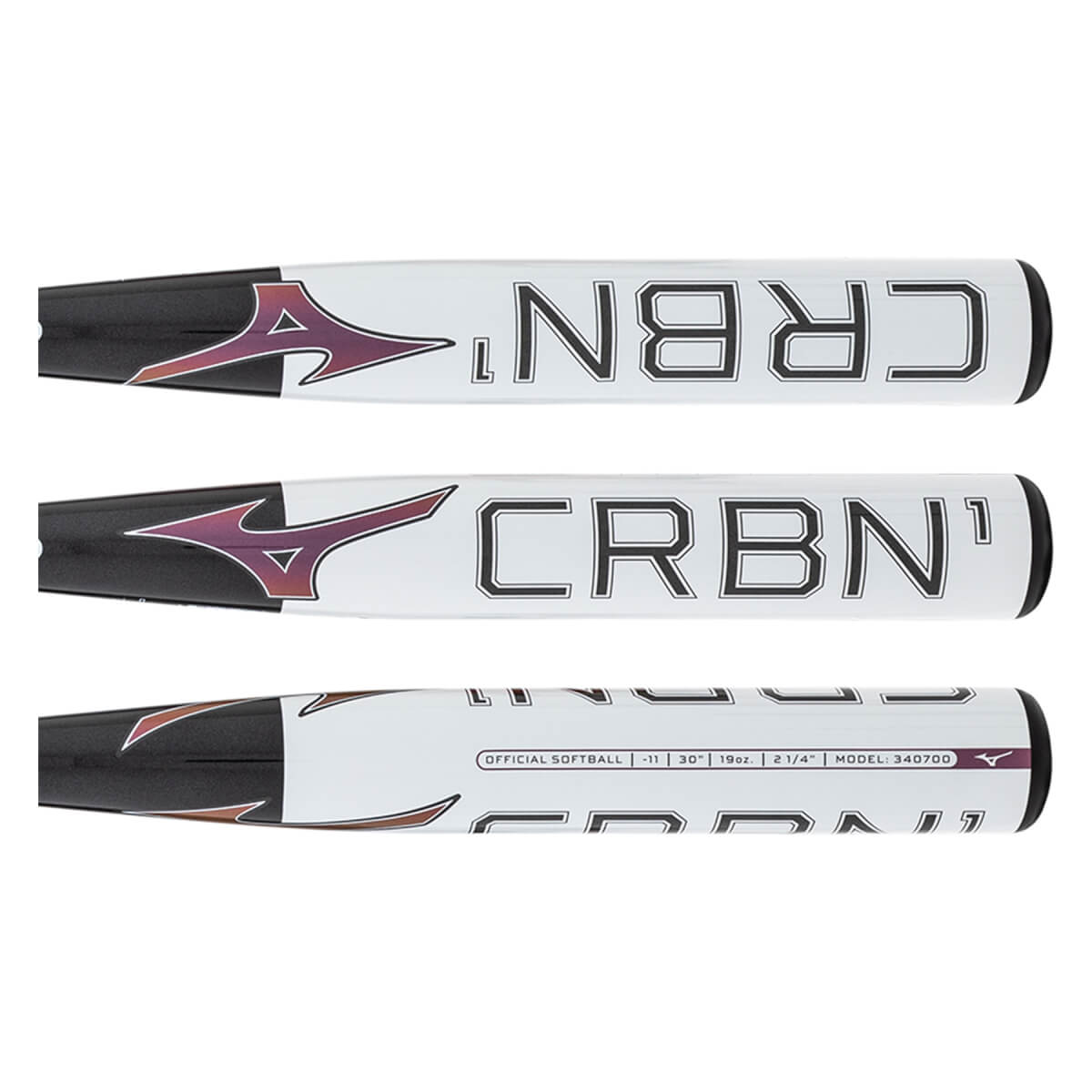 Multiple side views of a white and black fastpitch softball bat with CRBN¹ text, Mizuno logo, and product specifications.
