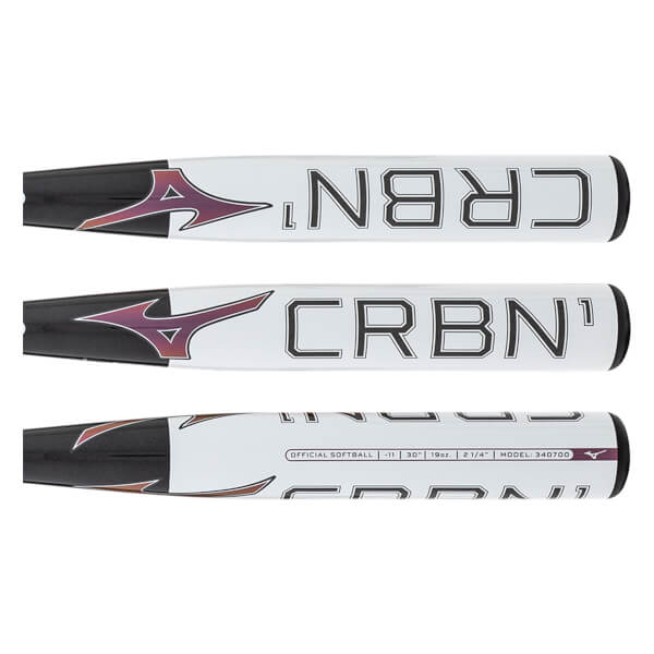 Multiple side views of a white and black fastpitch softball bat with CRBN¹ text, Mizuno logo, and product specifications.