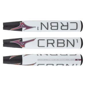 Multiple side views of a white and black fastpitch softball bat with CRBN¹ text, Mizuno logo, and product specifications.