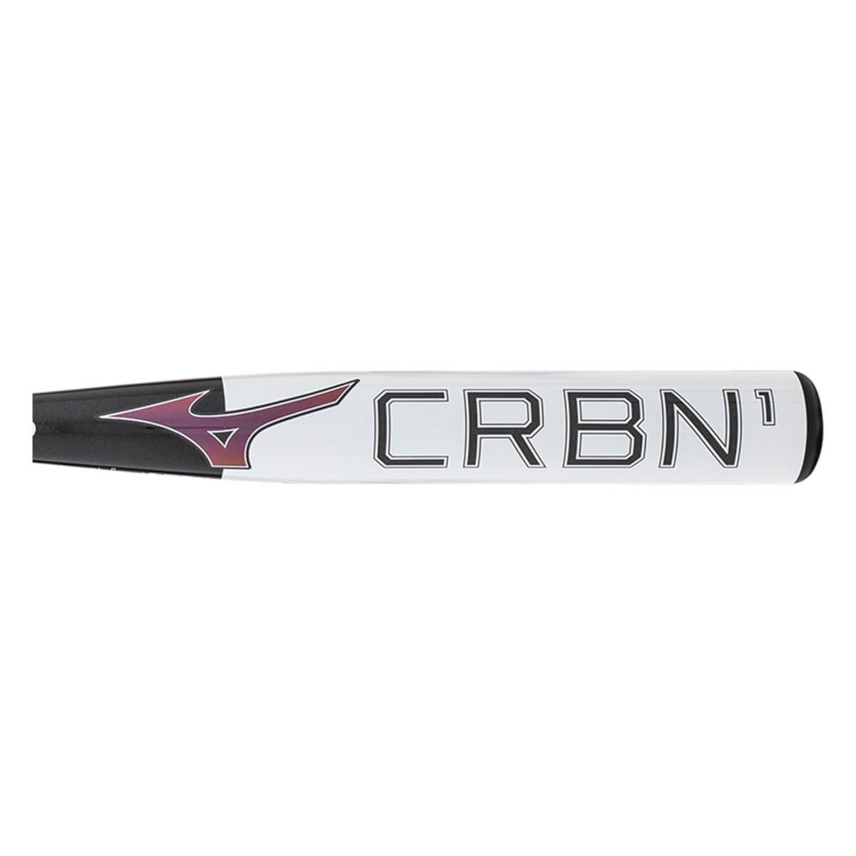 Side view of a white fastpitch softball bat with a purple Mizuno logo, black CRBN1 text, and black end cap.