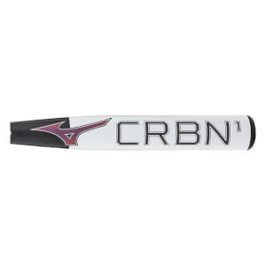 Side view of a white fastpitch softball bat with a purple Mizuno logo, black CRBN1 text, and black end cap.