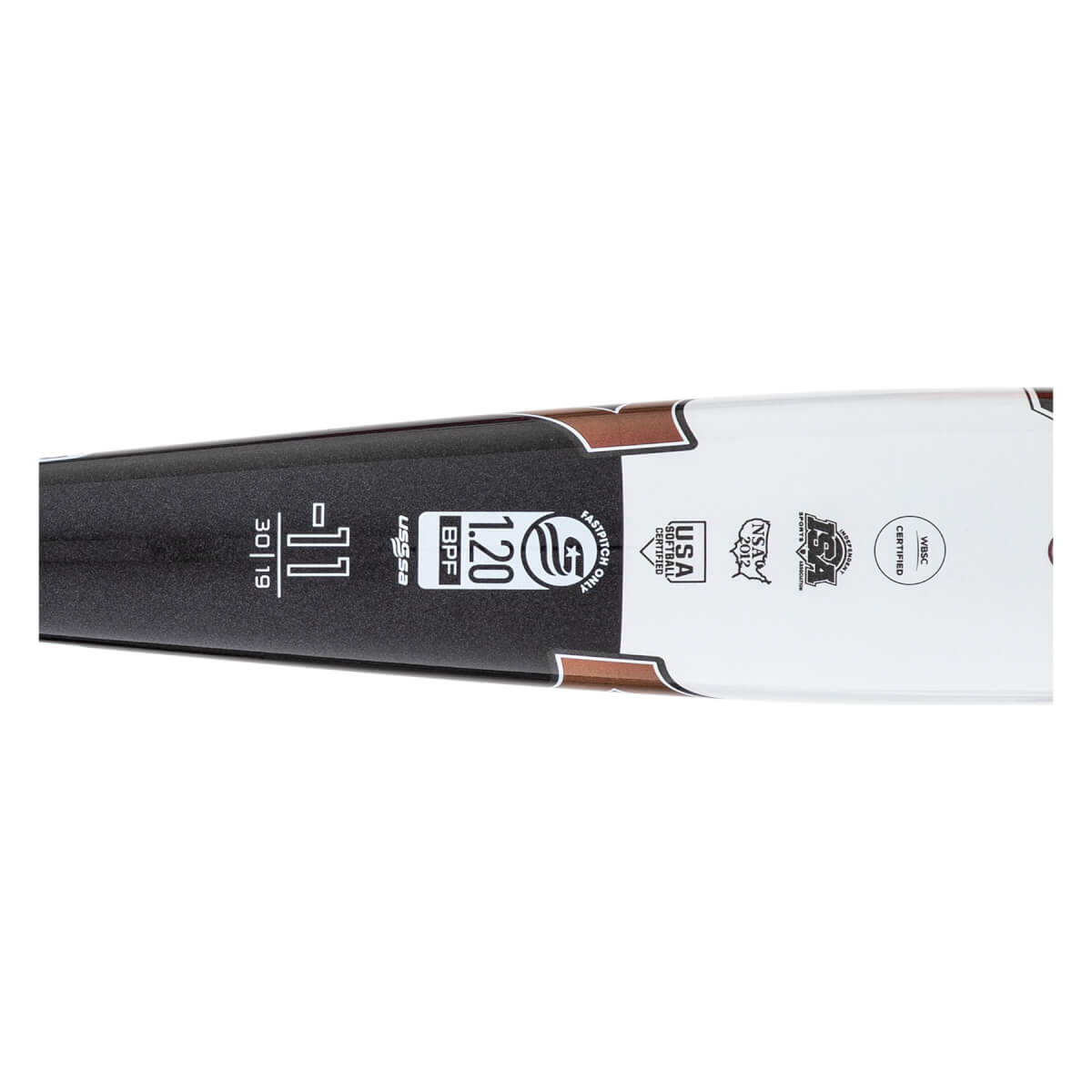 Side view of a black and white fastpitch softball bat barrel with -11 drop, 30 | 19 length/weight, and certification stamps.