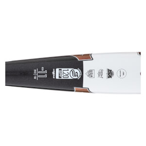 Side view of a black and white fastpitch softball bat barrel with -11 drop, 30 | 19 length/weight, and certification stamps.