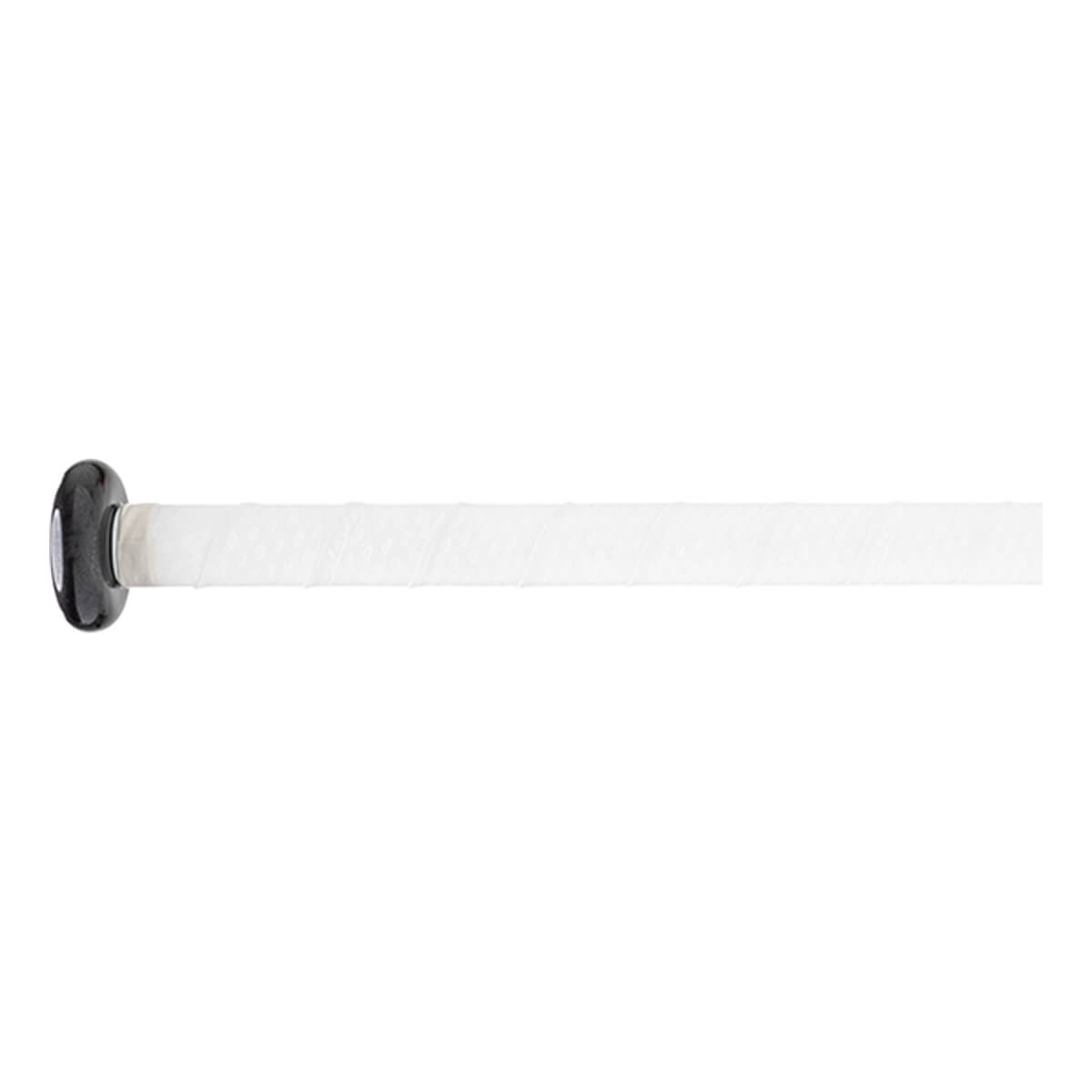 Close-up of a white fastpitch softball bat handle with a black knob and textured white grip.