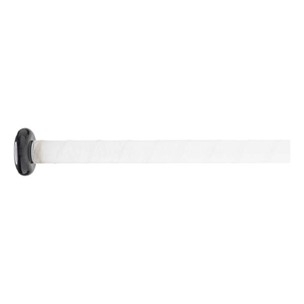 Close-up of a white fastpitch softball bat handle with a black knob and textured white grip.