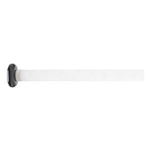Close-up of a white fastpitch softball bat handle with a black knob and textured white grip.