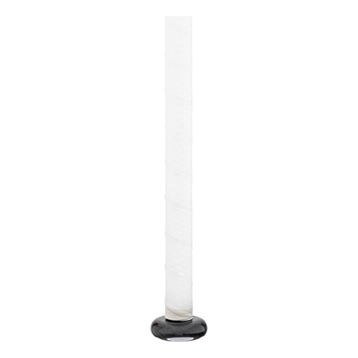 Close-up of a white and black softball bat with a wrapped grip and a rounded knob.