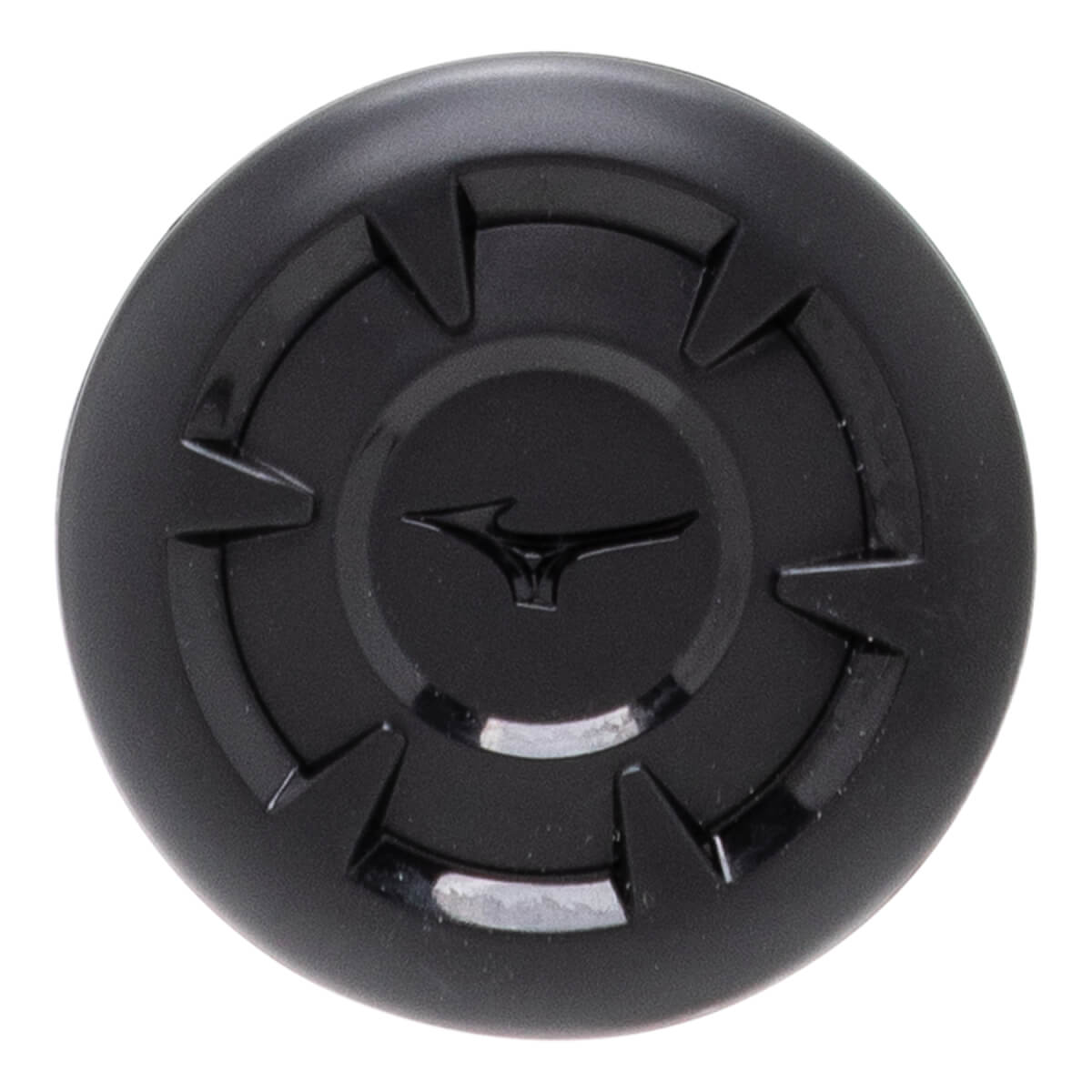Top-down view of a black bat end cap with a central Mizuno logo and raised angular design.