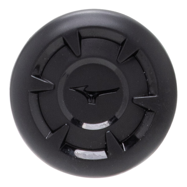 Top-down view of a black bat end cap with a central Mizuno logo and raised angular design.
