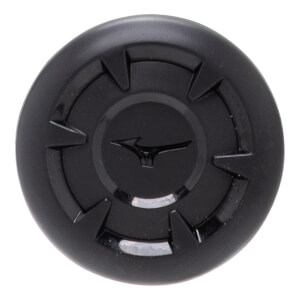 Top-down view of a black bat end cap with a central Mizuno logo and raised angular design.