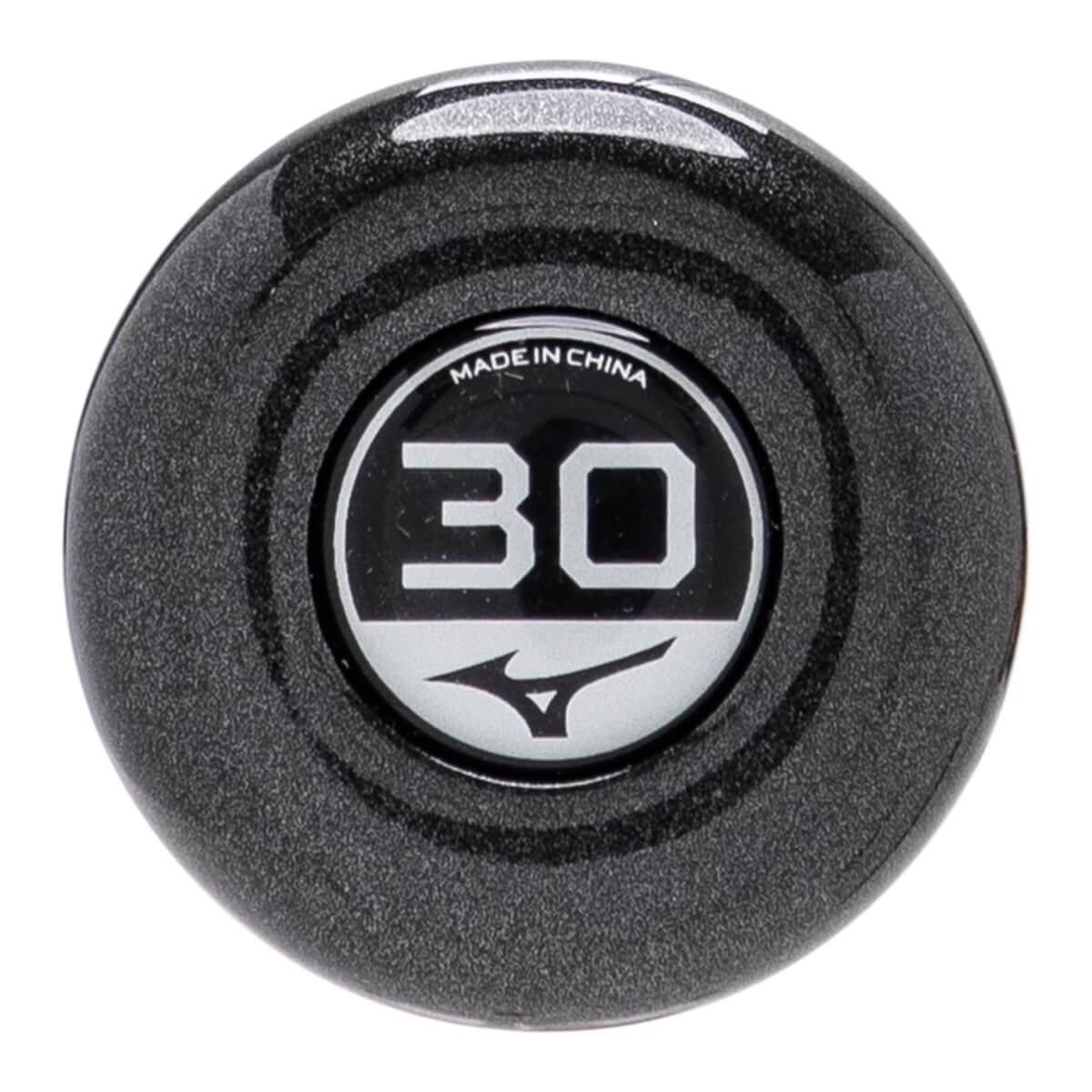 Top-down view of a black bat end cap with a white 30 in a circle, MADE IN CHINA, and the Mizuno logo.