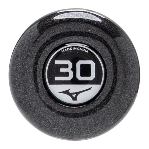 Top-down view of a black bat end cap with a white 30 in a circle, MADE IN CHINA, and the Mizuno logo.