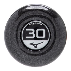 Top-down view of a black bat end cap with a white 30 in a circle, MADE IN CHINA, and the Mizuno logo.