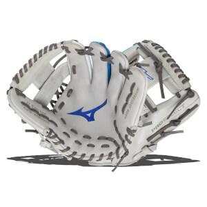 Front view of a white Mizuno Pro Select baseball glove with blue accents, a blue Mizuno logo, and "120TH ANNIVERSARY" text.