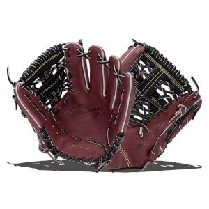 Front view of a maroon baseball glove with black lacing and "Mizuno Pro" embossed on the palm.