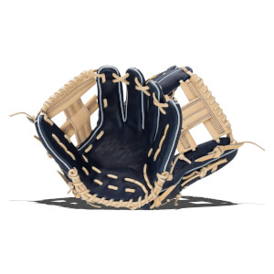 Front view of a dark blue Mizuno Pro baseball glove with tan lacing and "Mizuno Pro" embossed on the palm.