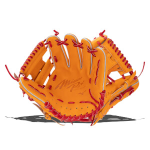 Front view of an orange baseball glove with red lacing and "Mizuno Pro" branding.