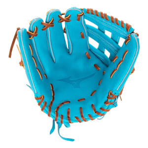 Front view of a bright blue fastpitch softball glove with brown lacing, an embossed Mizuno logo, and 12.5 inches text.