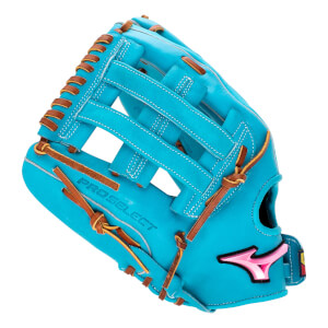 Front angled view of an aqua fastpitch softball glove with brown lacing, PROSELECT on the palm, and a pink Mizuno logo.