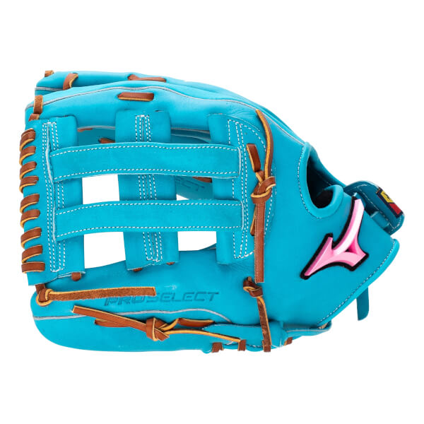 Side view of an aqua fastpitch softball glove with brown lacing, H-web, pink Mizuno logo, and PRO SELECT on the palm.