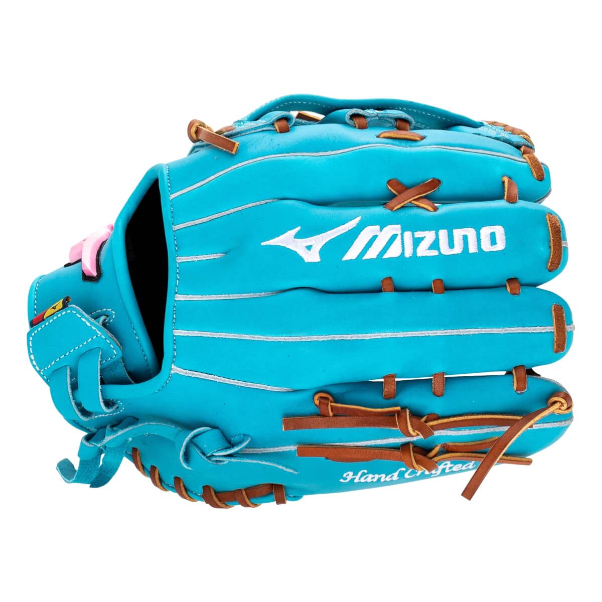 Front view of an aqua blue fastpitch softball glove with white Mizuno branding, brown lacing, and Hand Crafted text.