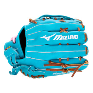 Front view of an aqua blue fastpitch softball glove with white Mizuno branding, brown lacing, and Hand Crafted text.