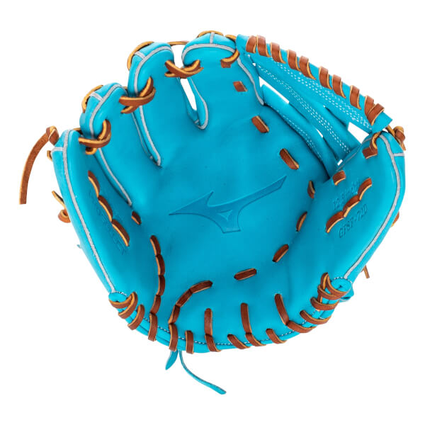 Front view of a blue fastpitch softball glove with brown lacing, a Mizuno logo, and white piping.