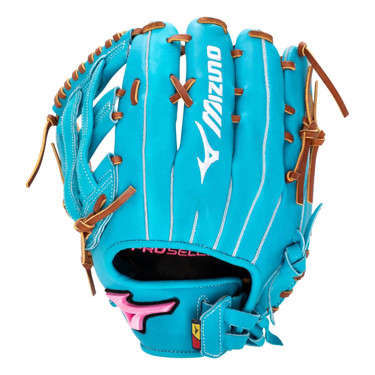 Front view of a teal fastpitch softball glove with white Mizuno branding, brown lacing, and a pink wrist logo.