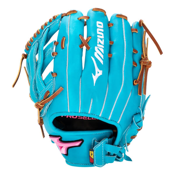 Front view of a teal fastpitch softball glove with white Mizuno branding, brown lacing, and a pink wrist logo.