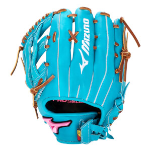 Front view of a teal fastpitch softball glove with white Mizuno branding, brown lacing, and a pink wrist logo.