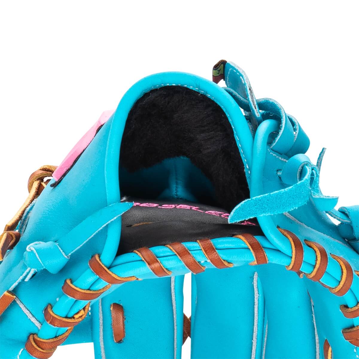 Close-up of a bright blue fastpitch softball glove with black furry wrist lining, brown lacing, and PRO SELECT text.