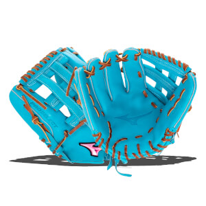 Angled view of an aqua glove with brown lacing, a pink Mizuno logo, and PRO SELECT text on the pinky finger.