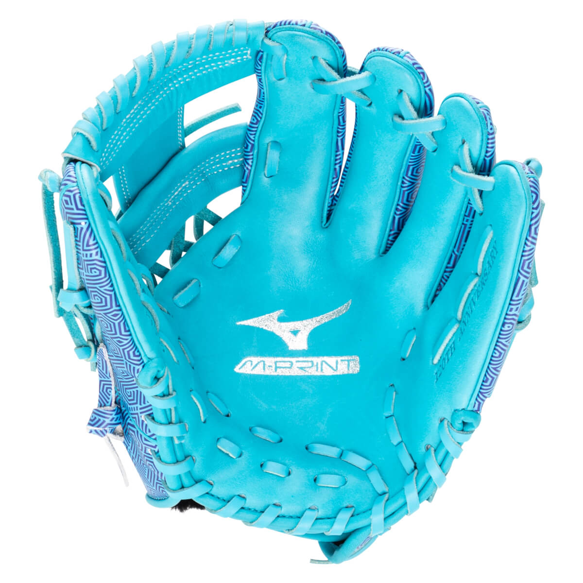 Front view of a bright blue baseball glove with a geometric pattern, Mizuno logo, and "M-PRINT" text.