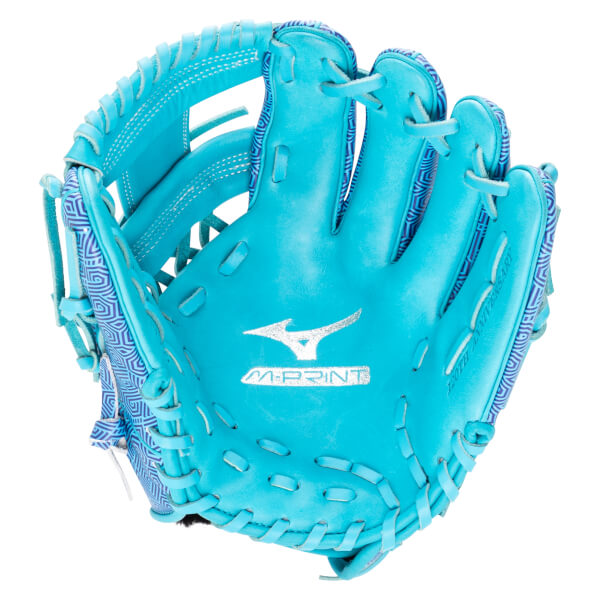 Front view of a bright blue baseball glove with a geometric pattern, Mizuno logo, and "M-PRINT" text.
